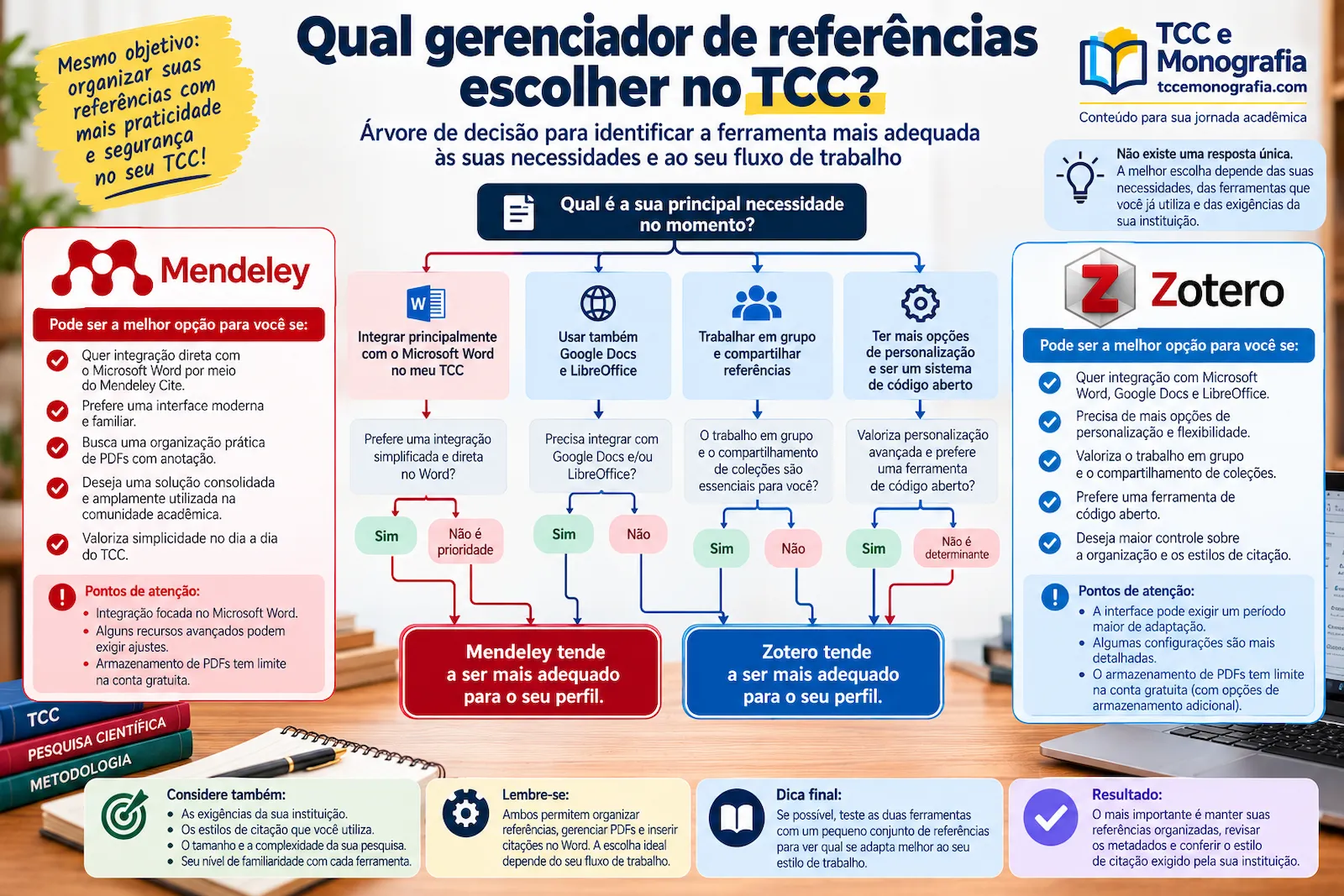 Árvore de decisão para escolher entre Mendeley e Zotero no TCC
