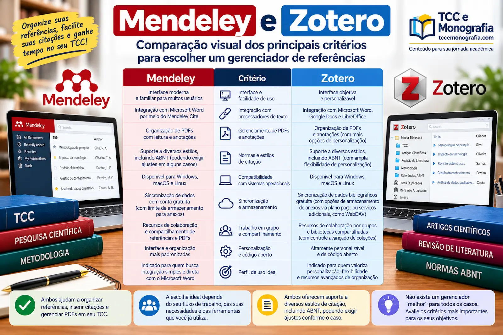 Mendeley e Zotero: comparação visual dos principais critérios para escolher um gerenciador de referências